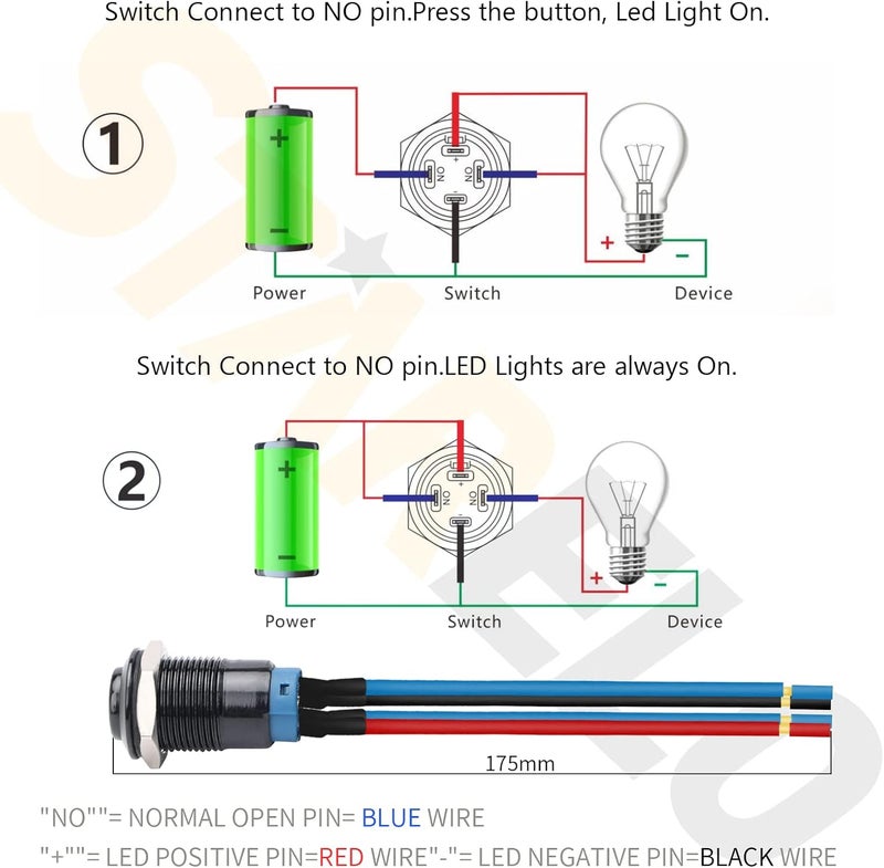STARELO 5PCS 12mm Latching LED Push Button Switch Mini Round Black Shell with Pre-Wired, Power Mark Logo, IP65 Waterproof Push Button Switch, 1NO 1 Normally, Self Latching (Blue) with LED. - Image 4